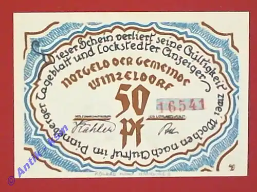 Notgeld Winzeldorf , Einzelschein 50 Pfennig , En Fru , Seriennotgeld , Schleswig Holstein , Mehl Grabowski 1436.2 , von 1921