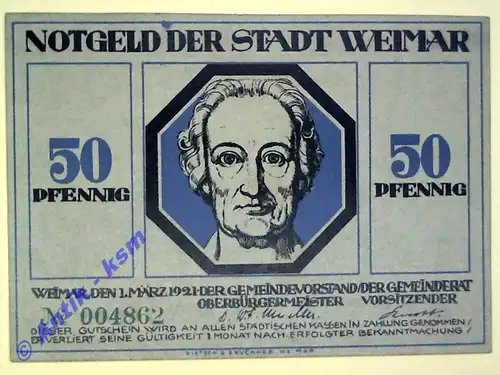 Notgeld Weimar , Einzelschein 50 Pfennig graugrün Kennummer grün , Seriennotgeld , Thüringen , Mehl Grabowski 1398.5 D , von 1921