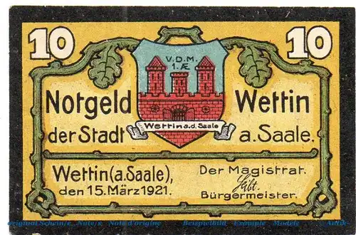 Notgeld Stadt Wettin 1421.2 ,10 Pfennig Schein in kfr. von 1921 , Sachsen Anhalt , Seriennotgeld
