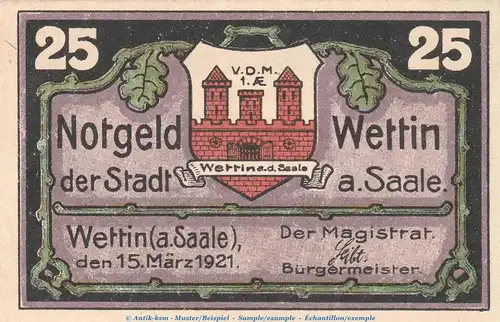 Notgeld Stadt Wettin 1421.2 , 25 Pfennig Schein in kfr. von 1921 , Sachsen Anhalt Seriennotgeld