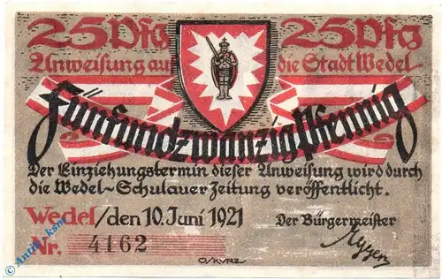 Notgeld Wedel , Schleswig Holstein , Einzelschein über 25 Pfennig , Mehl Grabowski 1387.2 , von 1921 , Seriennotgeld