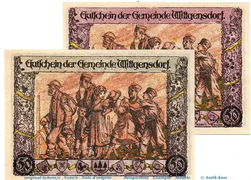 Notgeld Gemeinde Wittgensdorf 1446.2 , 50 Pfennig Schein Nr 2 in kfr. von 1921 , Sachsen Seriennotgeld