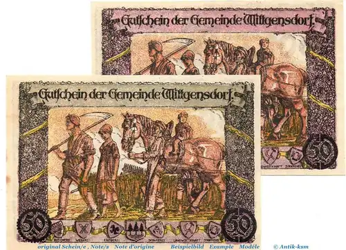 Notgeld Gemeinde Wittgensdorf 1446.2 , 50 Pfennig Schein Nr 1 in kfr. von 1921 , Sachsen Seriennotgeld