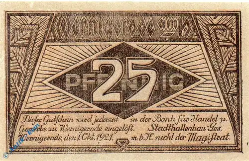 Notgeld Stadthallenbau Wernigerode 1408.1 , 25 Pfennig Schein in kfr. von 1921 , Sachsen Anhalt Seriennotgeld