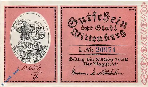Notgeld Stadt Wittenberg 1443.3 , 50 Pfennig Schein -L- in kfr. o.D. Sachsen Anhalt Seriennotgeld