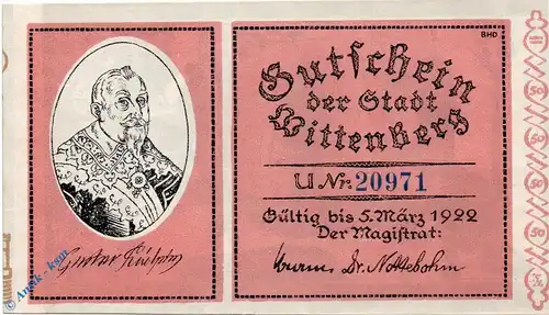 Notgeld Stadt Wittenberg 1443.3 , 50 Pfennig Schein -U- in kfr. o.D. Sachsen Anhalt Seriennotgeld