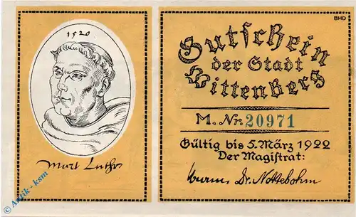 Notgeld Stadt Wittenberg 1443.3 , 25 Pfennig Schein -M- in kfr. o.D. Sachsen Anhalt Seriennotgeld