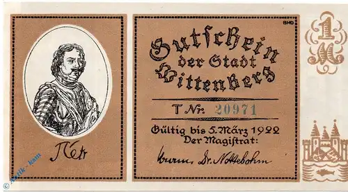 Notgeld Stadt Wittenberg 1443.3 , 1 Mark Schein in kfr. o.D. Sachsen Anhalt Seriennotgeld