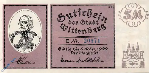 Notgeld Stadt Wittenberg 1443.3 , 5 Mark Schein in kfr. o.D. Sachsen Anhalt Seriennotgeld
