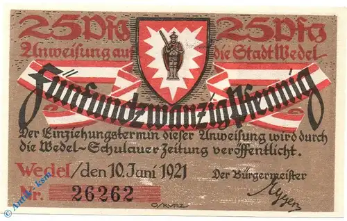 Notgeld Wedel , Einzelschein über 25 Pfennig , Raster = 29 mm , Mehl Grabowski 1387.1 B , Schleswig Holstein Seriennotgeld