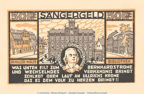 Notgeld Sängerfest Weimar 1399.1 , 50 Pfennig Schein in kfr. von 1921 , Thüringen Seriennotgeld