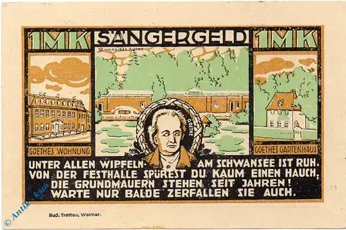 Notgeld Sängerfest Weimar 1399.1 , 1 Mark Schein in kfr. von 1921 , Thüringen Seriennotgeld