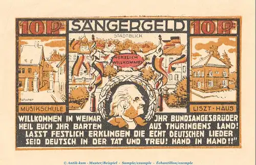 Notgeld Sängerfest Weimar 1399.1 , 10 Pfennig Schein in kfr. von 1921 , Thüringen Seriennotgeld