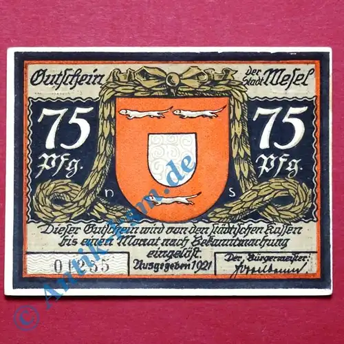 Notgeld Wesel , mit weißem Rand , 75 Pfennig Schein 1 , Mehl Grabowski 1409.3 , von 1921 , Westfalen Seriennotgeld