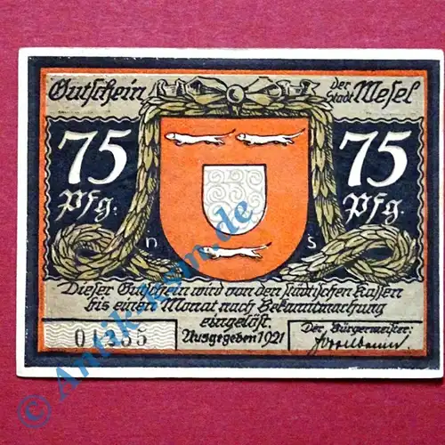 Notgeld Wesel , mit weißem Rand , 75 Pfennig Schein 2 , Mehl Grabowski 1409.3 , von 1921 , Westfalen Seriennotgeld