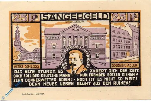 Notgeld Sängerfest Weimar 1399.1 , 25 Pfennig Schein in kfr. von 1921 , Thüringen Seriennotgeld