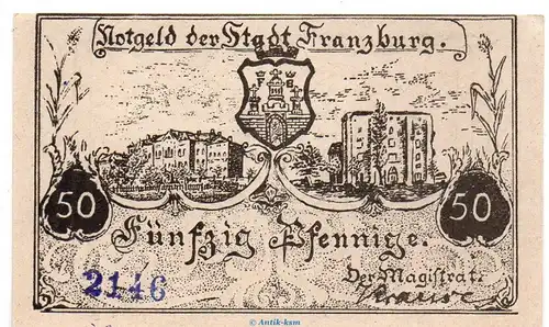 Notgeld Stadt Franzburg 378.1.b , 50 Pfennig Schein Kn blau in kfr. o.D. Pommern Seriennotgeld