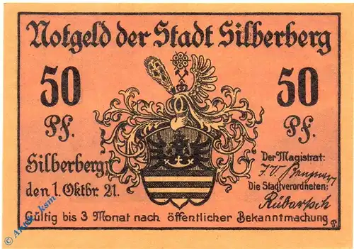 Notgeld Silberberg , 50 Pfennig Schein , Mehl Grabowski 1228.2 , von 1921 , Schlesien Seriennotgeld