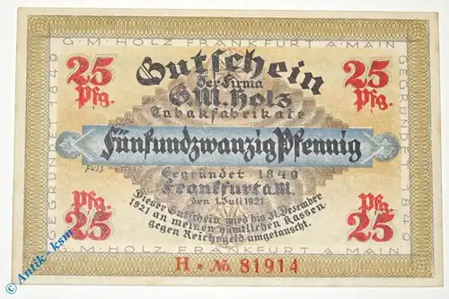 Notgeld Frankfurt , G. M. Holz , 25 Pfennig Schein H ,  Golem , Mehl Grabowski 374.2 , von 1921 , Hessen Serien Notgeld