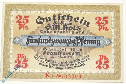 Notgeld Frankfurt , G. M. Holz , 25 Pfennig Schein K ,  Golem , Mehl Grabowski 374.2 , von 1921 , Hessen Serien Notgeld