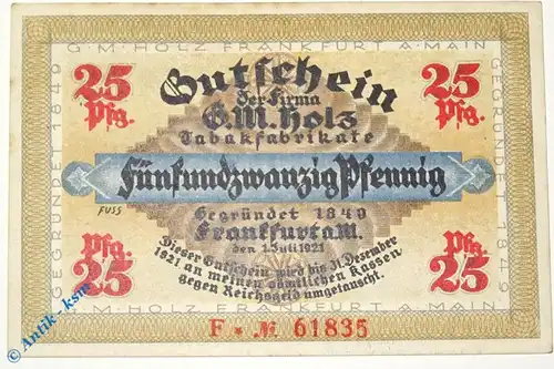 Notgeld Frankfurt , G. M. Holz , 25 Pfennig Schein F ,  Golem , Mehl Grabowski 374.2 , von 1921 , Hessen Serien Notgeld