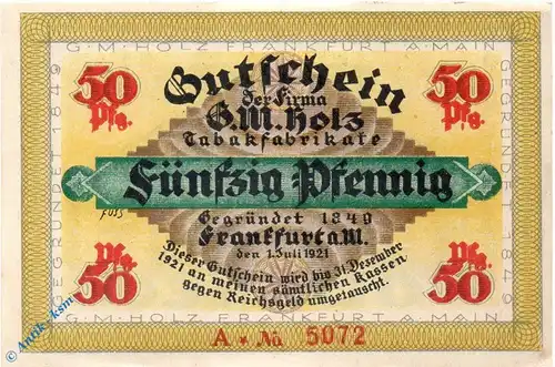 Notgeld Frankfurt , G. M. Holz , 50 Pfennig Schein A , Wolfseck , Mehl Grabowski 374.1 , von 1921 , Hessen Serien Notgeld