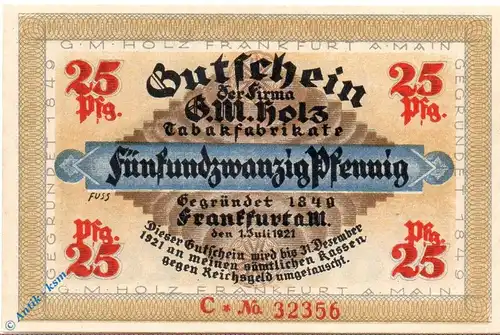 Notgeld Frankfurt , G. M. Holz , 25 Pfennig Schein C , Wolfseck , Mehl Grabowski 374.1 , von 1921 , Hessen Serien Notgeld