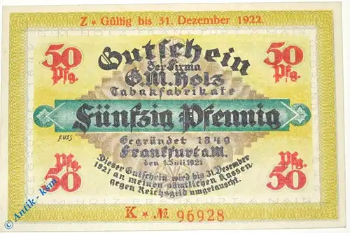 Notgeld Frankfurt , G. M. Holz , 50 Pfennig Schein K , Golem verlängert , Mehl Grabowski 374.4 , von 1921 , Hessen Serien Notgeld