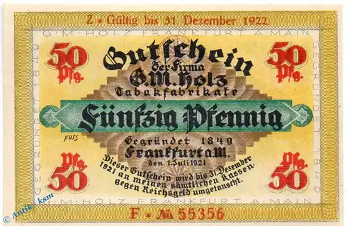 Notgeld Frankfurt , G. M. Holz , 50 Pfennig Schein F , Golem verlängert , Mehl Grabowski 374.4 , von 1921 , Hessen Serien Notgeld