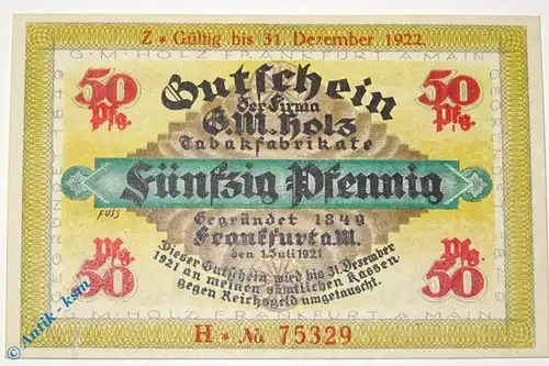 Notgeld Frankfurt , G. M. Holz , 50 Pfennig Schein H , Golem verlängert , Mehl Grabowski 374.4 , von 1921 , Hessen Serien Notgeld