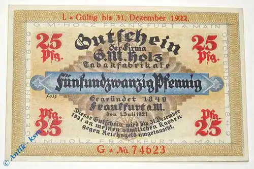 Notgeld Frankfurt , G. M. Holz , 25 Pfennig Schein G , Golem verlängert , Mehl Grabowski 374.4 , von 1921 , Hessen Serien Notgeld