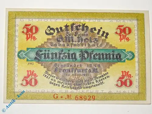 Notgeld Frankfurt , G. M. Holz , 50 Pfennig Schein G , Golem , Mehl Grabowski 374.2 , von 1921 , Hessen Serien Notgeld