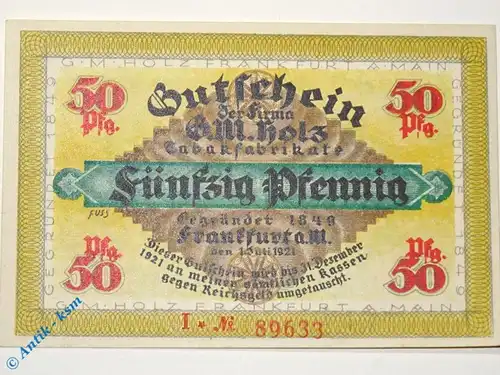 Notgeld Frankfurt , G. M. Holz , 50 Pfennig Schein i , Golem , Mehl Grabowski 374.2 , von 1921 , Hessen Serien Notgeld