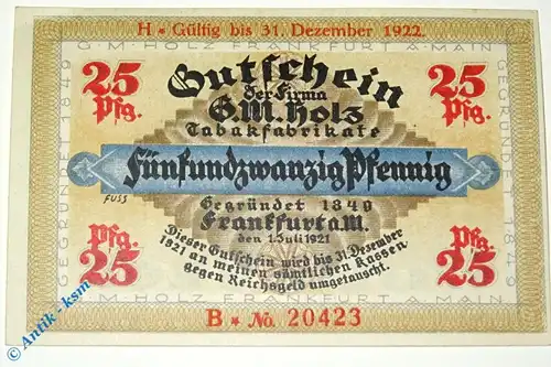 Notgeld Frankfurt , G. M. Holz , 25 Pfennig Schein B , Wolfseck verlängert , Mehl Grabowski 374.3 , von 1921 , Hessen Serien Notgeld