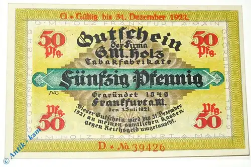 Notgeld Frankfurt , G. M. Holz , 50 Pfennig Schein D , Wolfseck verlängert , Mehl Grabowski 374.3 , von 1921 , Hessen Serien Notgeld