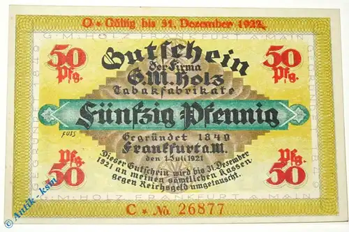 Notgeld Frankfurt , G. M. Holz , 50 Pfennig Schein C , Wolfseck verlängert , Mehl Grabowski 374.3 , von 1921 , Hessen Serien Notgeld