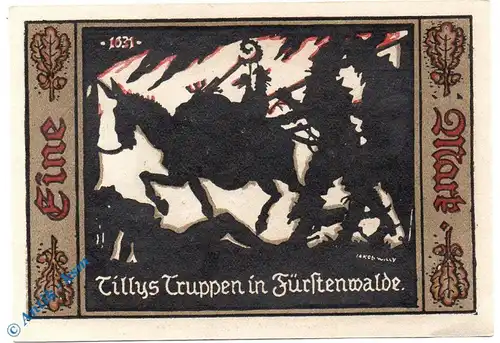 Notgeld Fürstenwalde , 1 Mark Scheinen Nr 3 , Mehl Grabowski 403.1 a , von 1921 , Brandenburg Seriennotgeld