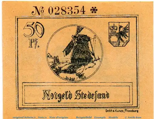 Notgeld Gemeinde Stedesand 1259.1.b , 50 Pfennig Schein , Kennummer oben in kfr. von 1920 , Schleswig Holstein Seriennotgeld