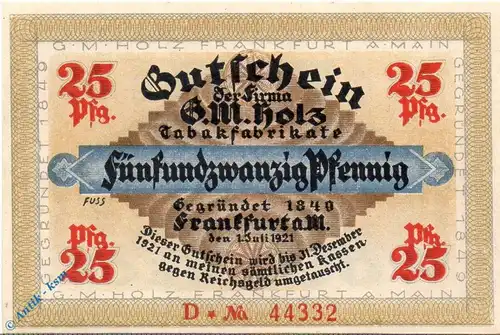Notgeld Frankfurt , G. M. Holz , 25 Pfennig Schein D , Wolfseck , Mehl Grabowski 374.1 , von 1921 , Hessen Serien Notgeld