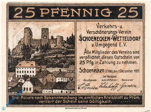 Notgeld Schönecken Wetteldorf 1198.1 , 25 Pfennig Schein in kfr. von 1921 , Rheinland Serien Notgeld