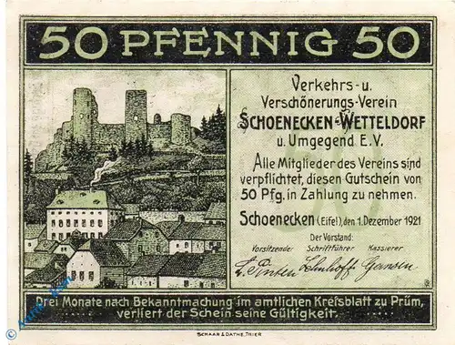 Notgeld Schönecken Wetteldorf , 50 Pfennig Schein , Mehl Grabowski 1198.1 , von 1921 , Rheinland Serien Notgeld