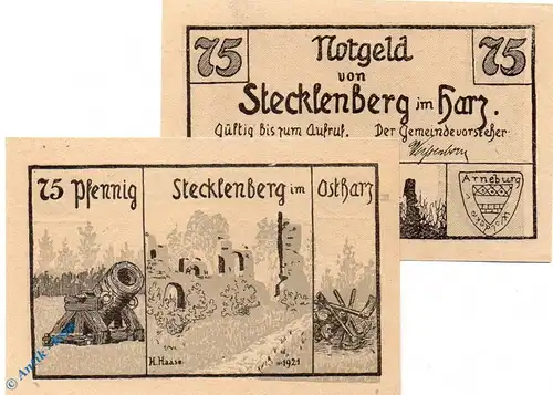 Notgeld Stecklenberg , 75 Pfennig Schein Nr 4 , 79 x 52 mm , Mehl Grabowski 1258.4 , von 1921 , Sachsen Anhalt Seriennotgeld