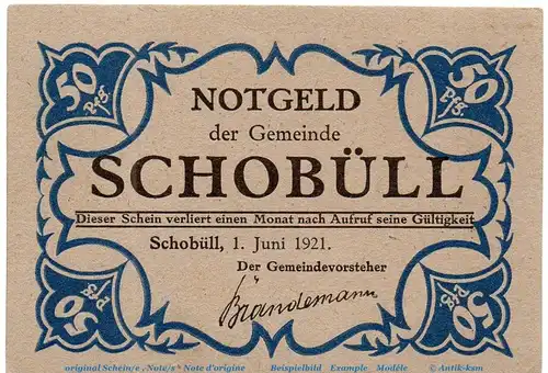 Notgeld Gemeinde Schobüll 1194.8 , 50 Pfennig Schein grau in kfr. von 1921 , Schleswig Holstein Seriennotgeld