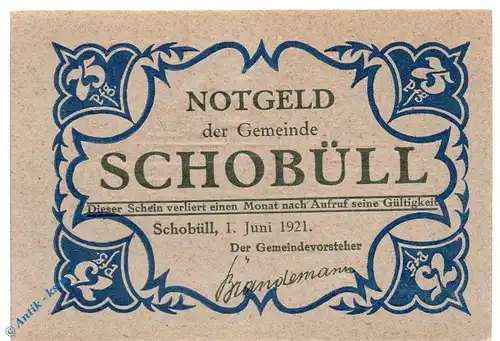 Notgeld Gemeinde Schobüll 1194.8 , 75 Pfennig Schein grau in kfr. von 1921 , Schleswig Holstein Seriennotgeld