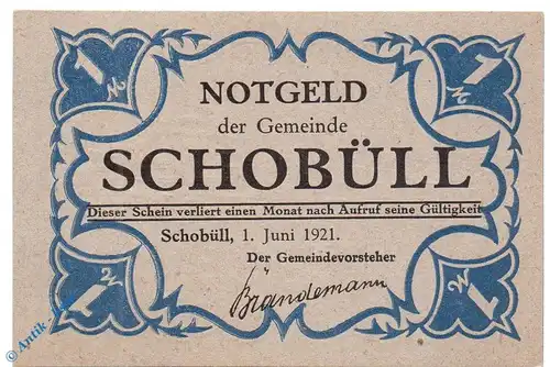 Notgeld Gemeinde Schobüll 1194.8 , 1 Mark Schein grau in kfr. von 1921 , Schleswig Holstein Seriennotgeld