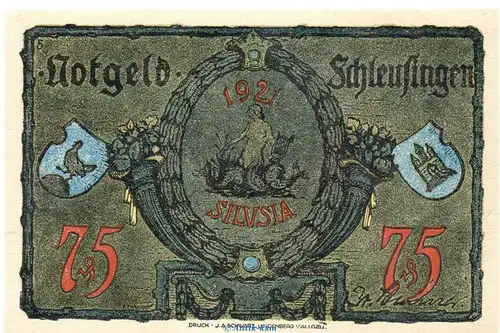 Notgeld Stadt Schleusingen 1181.4.a-b  , 75 Pfennig Schein gelblich und dick in kfr. o.D. Thüringen Seriennotgeld