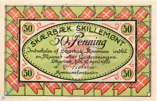 Notgeld Scherrebeck , 50 Pfennig Schein in kfr. Mehl Grabowski 1176.1 , von 1920 , dänisch Nordschleswig Seriennotgeld