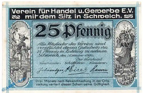 Notgeld Schweich , 25 Pfennig Schein in kfr. Mehl Grabowski 1209.1 b , von 1920 , Rheinland Pfalz Seriennotgeld