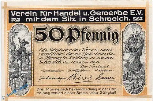 Notgeld Schweich , 50 Pfennig Schein in kfr. Mehl Grabowski 1209.1 b , von 1920 , Rheinland Pfalz Seriennotgeld