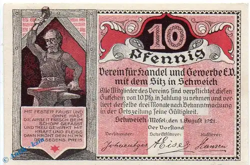 Notgeld Schweich , 10 Pfennig Schein in kfr. Mehl Grabowski 1209.4 , von 1921 , Rheinland Pfalz Seriennotgeld